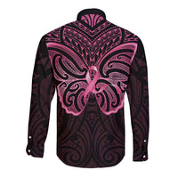 New Zealand Breast Cancer Awareness Long Sleeve Button Shirt Maori Butterfly Pink Ribbon Black Version LT14 - Polynesian Pride