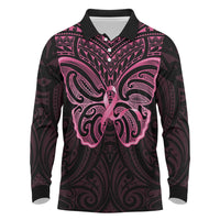 New Zealand Breast Cancer Awareness Long Sleeve Polo Shirt Maori Butterfly Pink Ribbon Black Version LT14 Black - Polynesian Pride