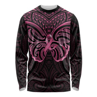 New Zealand Breast Cancer Awareness Long Sleeve Shirt Maori Butterfly Pink Ribbon Black Version LT14 Unisex Black - Polynesian Pride