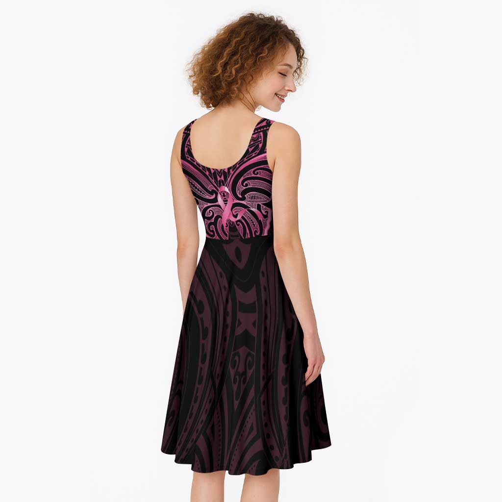 New Zealand Breast Cancer Awareness Midi Dress Maori Butterfly Pink Ribbon Black Version LT14 - Polynesian Pride