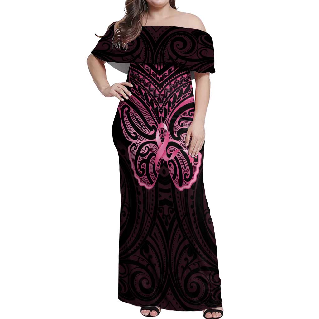 New Zealand Breast Cancer Awareness Off Shoulder Maxi Dress Maori Butterfly Pink Ribbon Black Version LT14 Women Black - Polynesian Pride