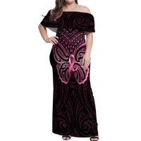 New Zealand Breast Cancer Awareness Off Shoulder Maxi Dress Maori Butterfly Pink Ribbon Black Version LT14 Women Black - Polynesian Pride
