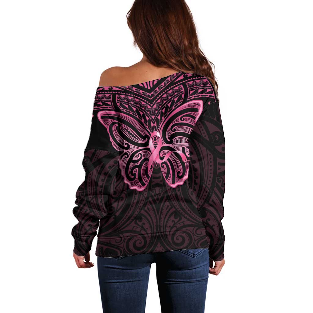 New Zealand Breast Cancer Awareness Off Shoulder Sweater Maori Butterfly Pink Ribbon Black Version LT14 - Polynesian Pride