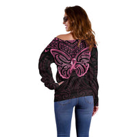 New Zealand Breast Cancer Awareness Off Shoulder Sweater Maori Butterfly Pink Ribbon Black Version LT14 - Polynesian Pride