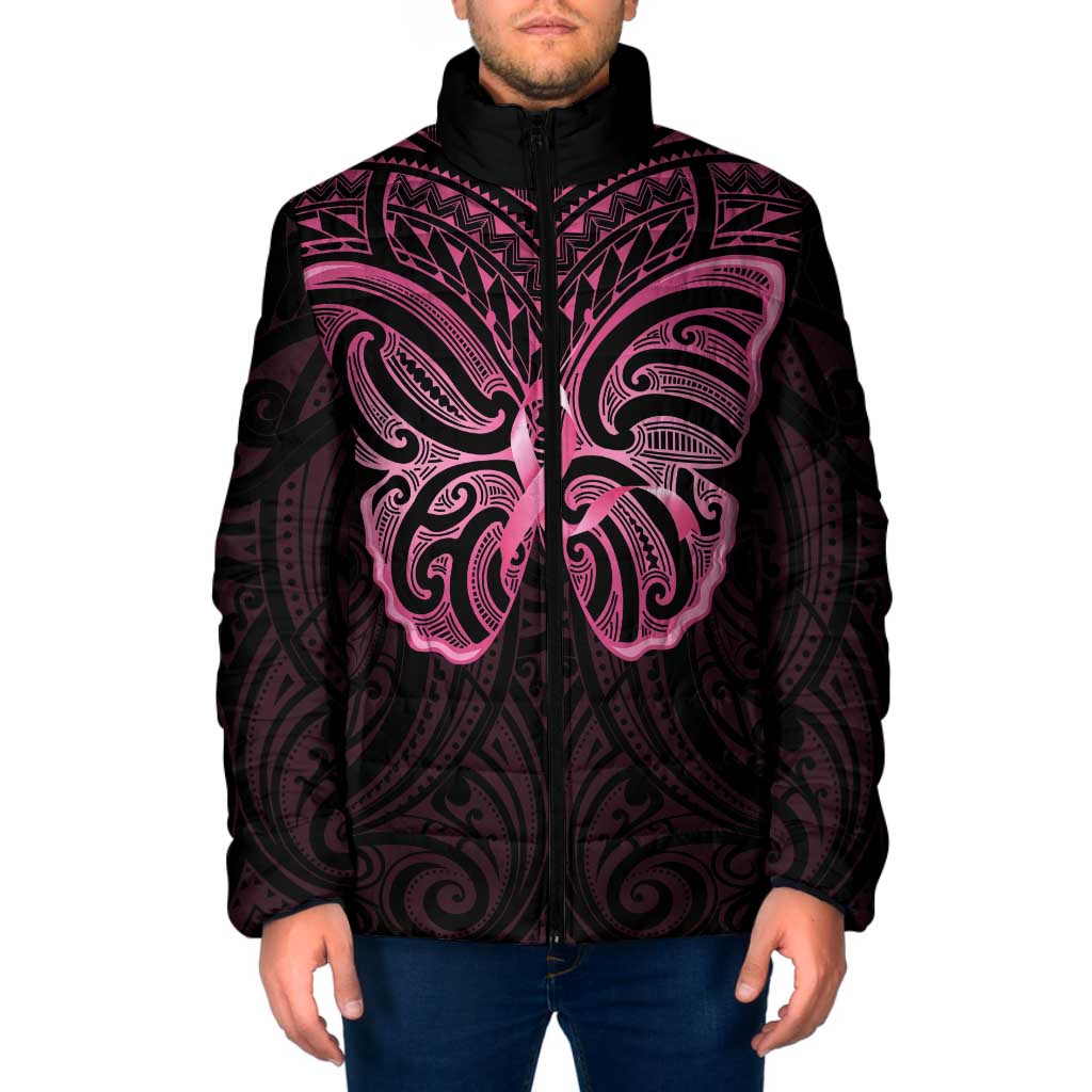 New Zealand Breast Cancer Awareness Padded Jacket Maori Butterfly Pink Ribbon Black Version LT14 Men Black - Polynesian Pride