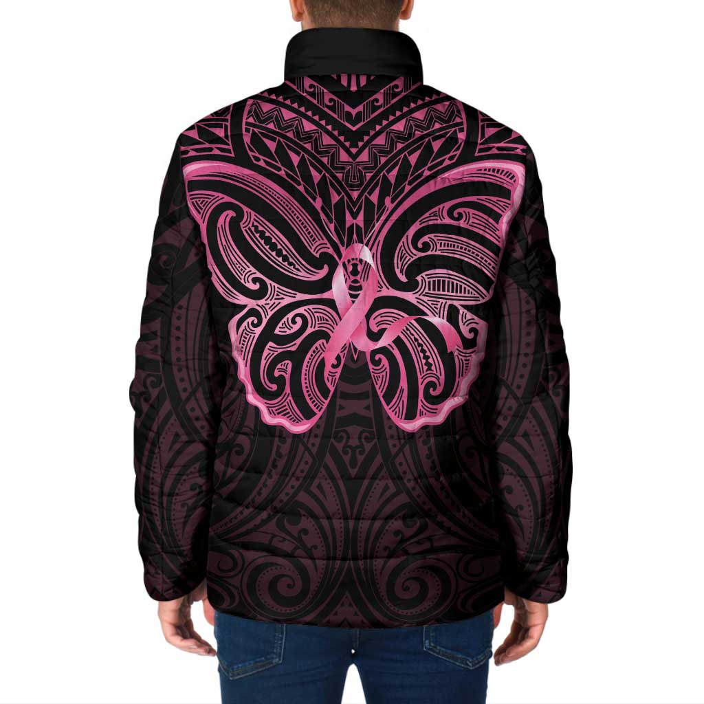 New Zealand Breast Cancer Awareness Padded Jacket Maori Butterfly Pink Ribbon Black Version LT14 - Polynesian Pride