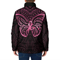 New Zealand Breast Cancer Awareness Padded Jacket Maori Butterfly Pink Ribbon Black Version LT14 - Polynesian Pride