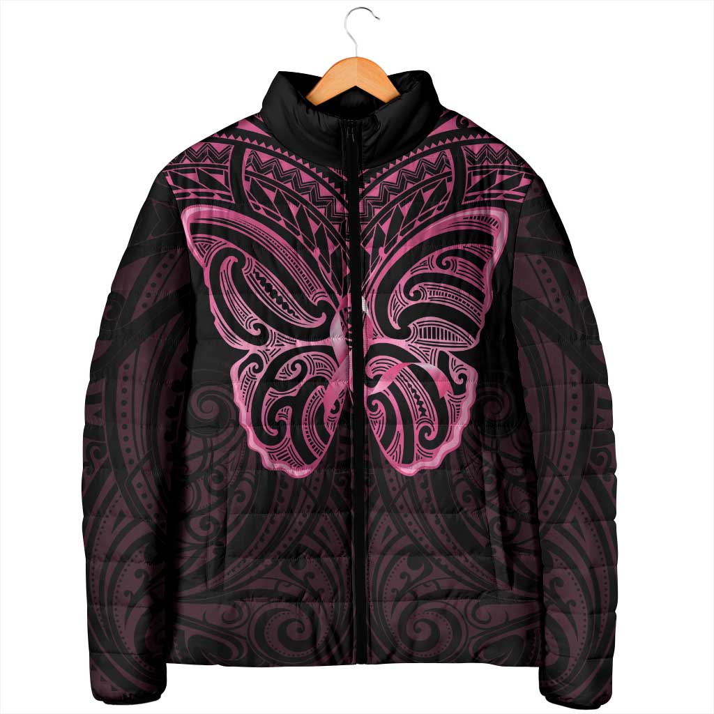 New Zealand Breast Cancer Awareness Padded Jacket Maori Butterfly Pink Ribbon Black Version LT14 - Polynesian Pride