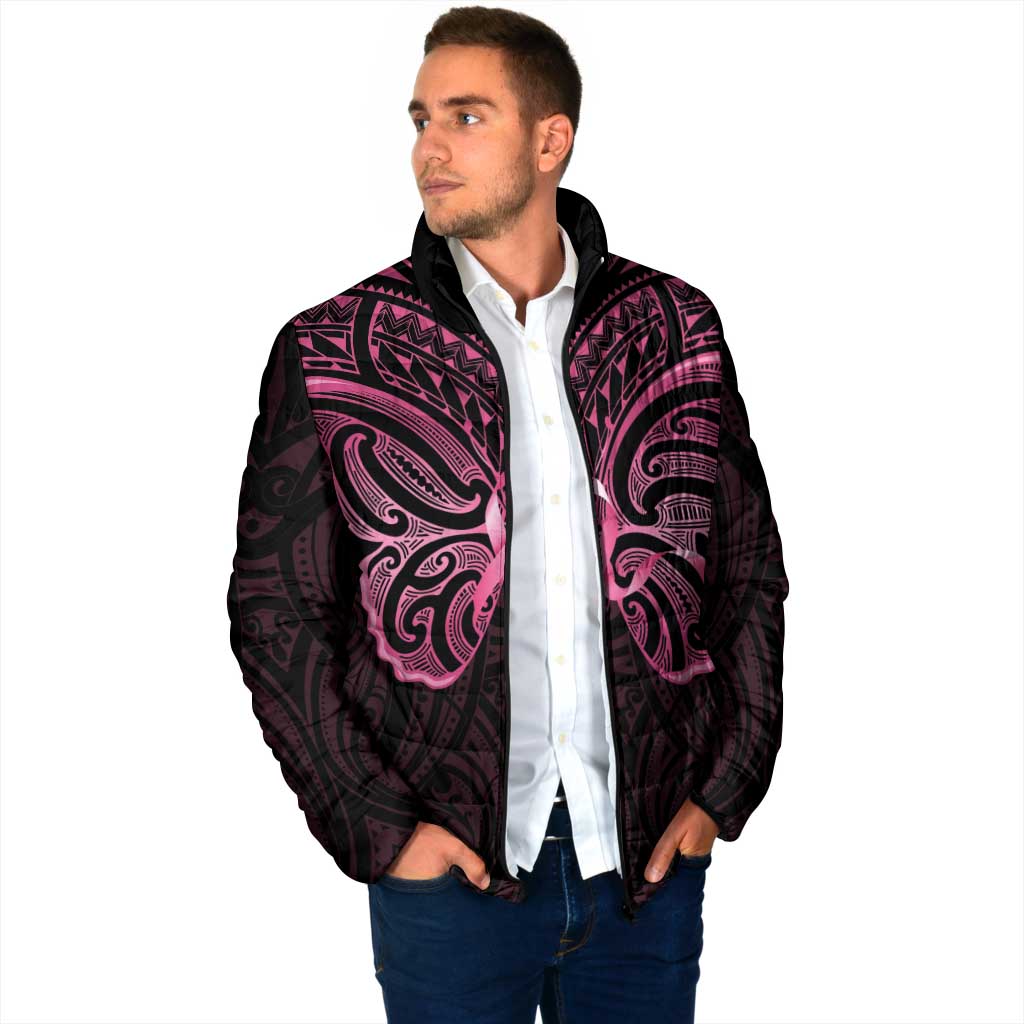 New Zealand Breast Cancer Awareness Padded Jacket Maori Butterfly Pink Ribbon Black Version LT14 - Polynesian Pride