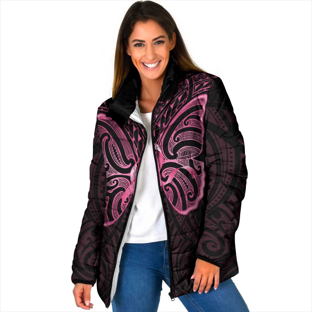 New Zealand Breast Cancer Awareness Padded Jacket Maori Butterfly Pink Ribbon Black Version LT14 Women Black - Polynesian Pride