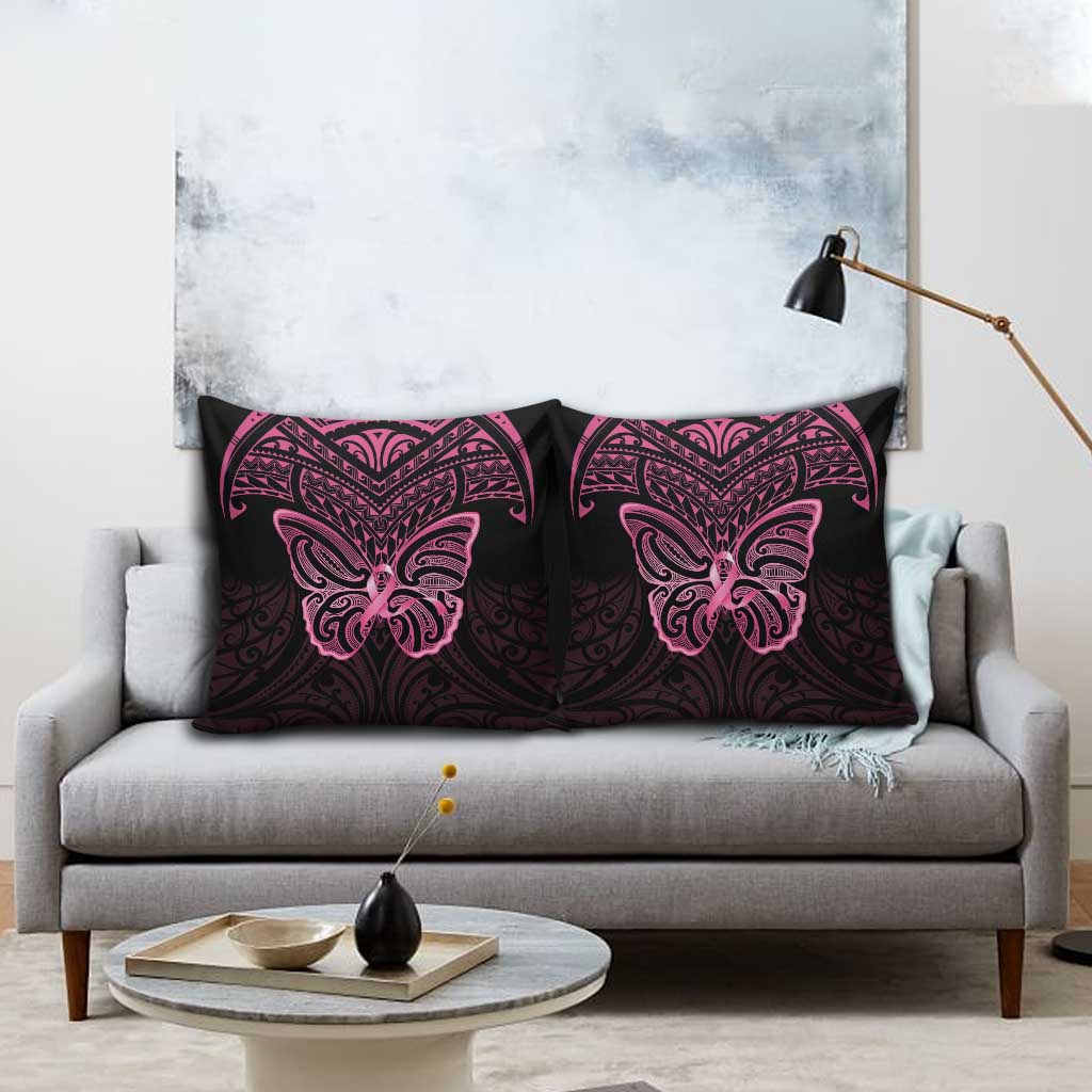 New Zealand Breast Cancer Awareness Pillow Cover Maori Butterfly Pink Ribbon Black Version LT14 - Polynesian Pride