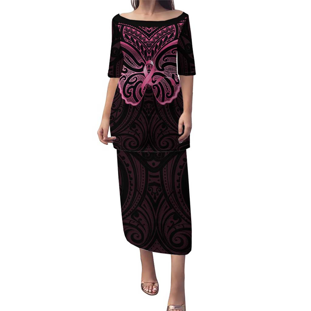 New Zealand Breast Cancer Awareness Puletasi Maori Butterfly Pink Ribbon Black Version LT14 Long Dress Black - Polynesian Pride