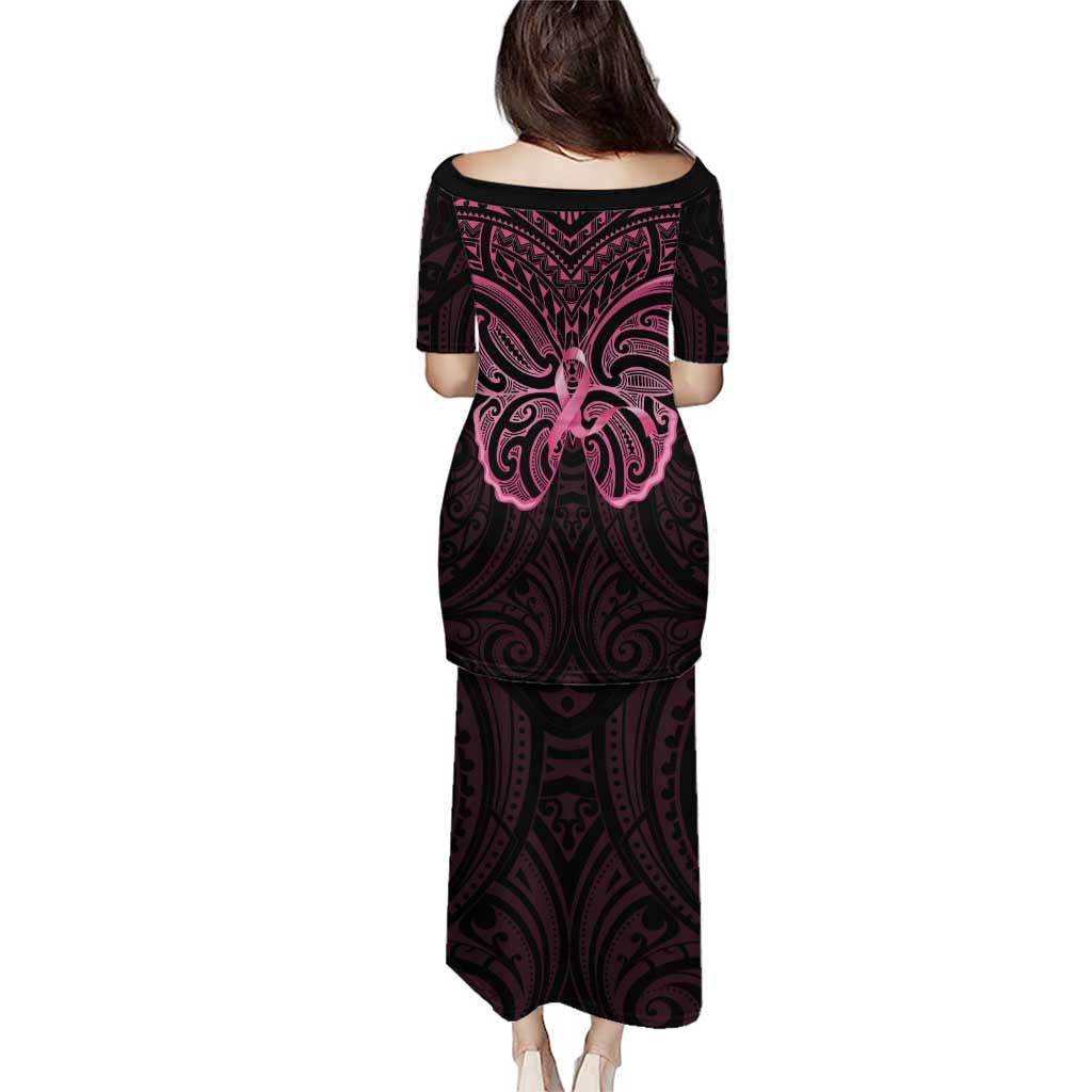 New Zealand Breast Cancer Awareness Puletasi Maori Butterfly Pink Ribbon Black Version LT14 - Polynesian Pride