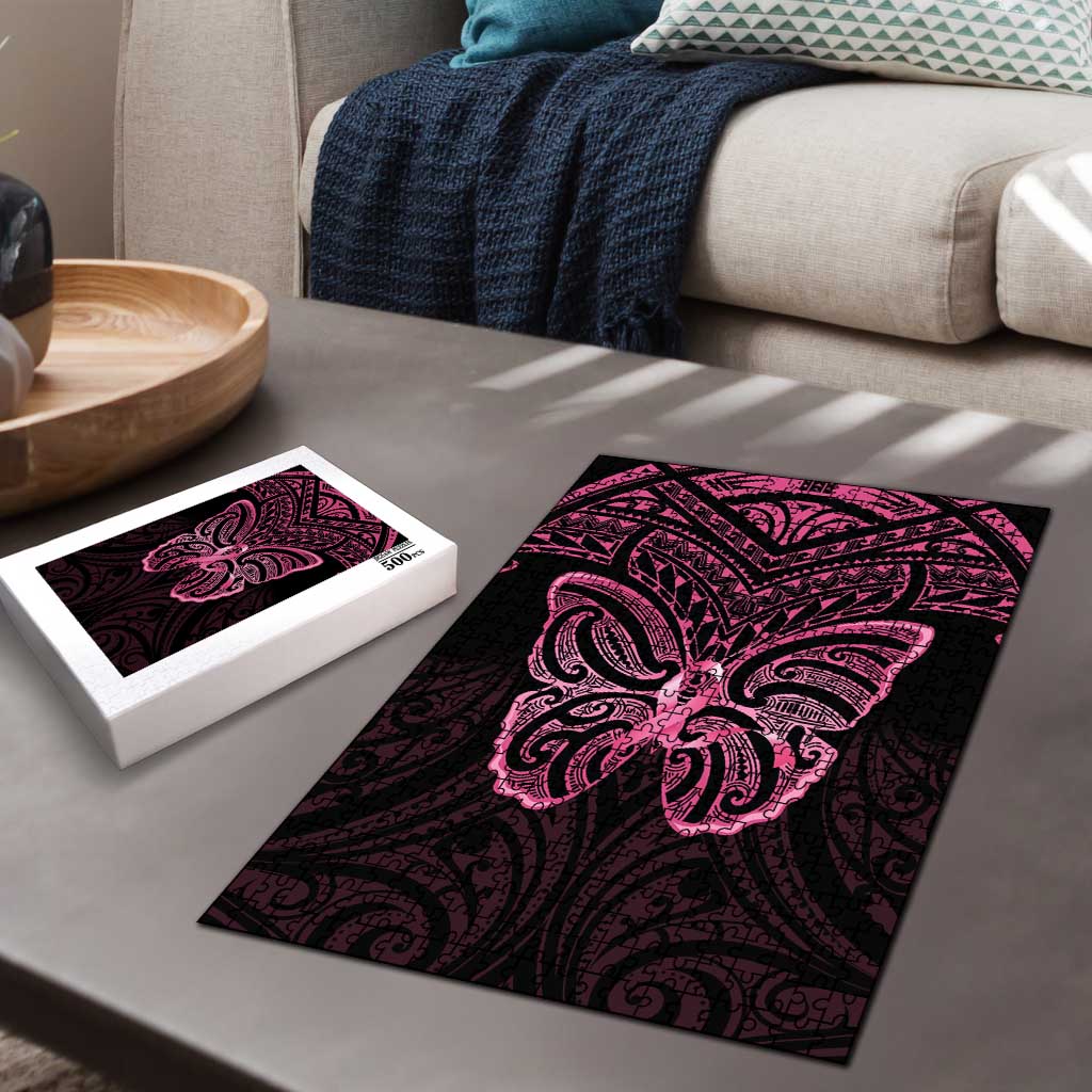 New Zealand Breast Cancer Awareness Puzzle Maori Butterfly Pink Ribbon Black Version LT14 - Polynesian Pride