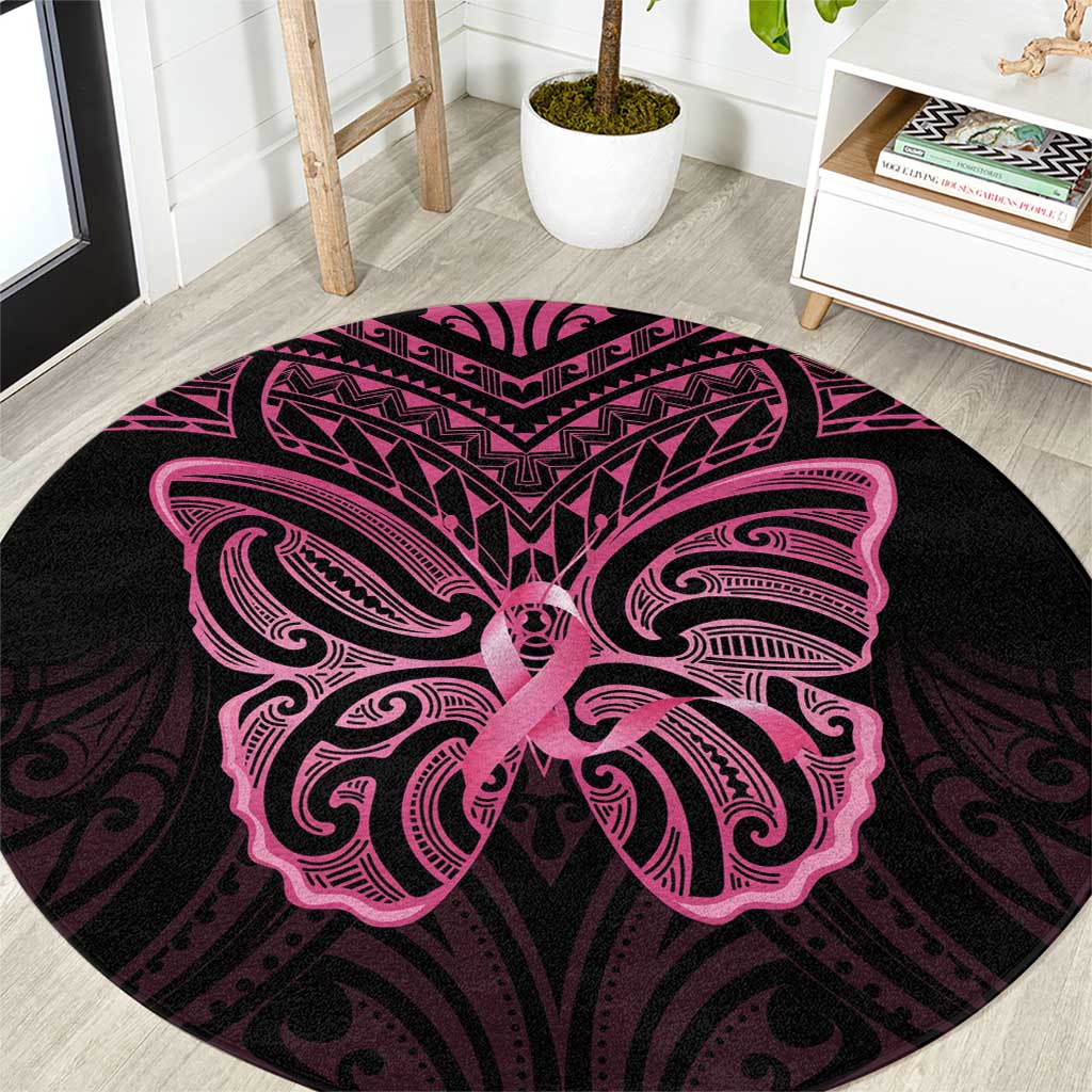 New Zealand Breast Cancer Awareness Round Carpet Maori Butterfly Pink Ribbon Black Version LT14 Black - Polynesian Pride