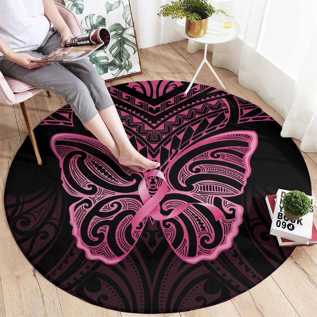 New Zealand Breast Cancer Awareness Round Carpet Maori Butterfly Pink Ribbon Black Version LT14 - Polynesian Pride