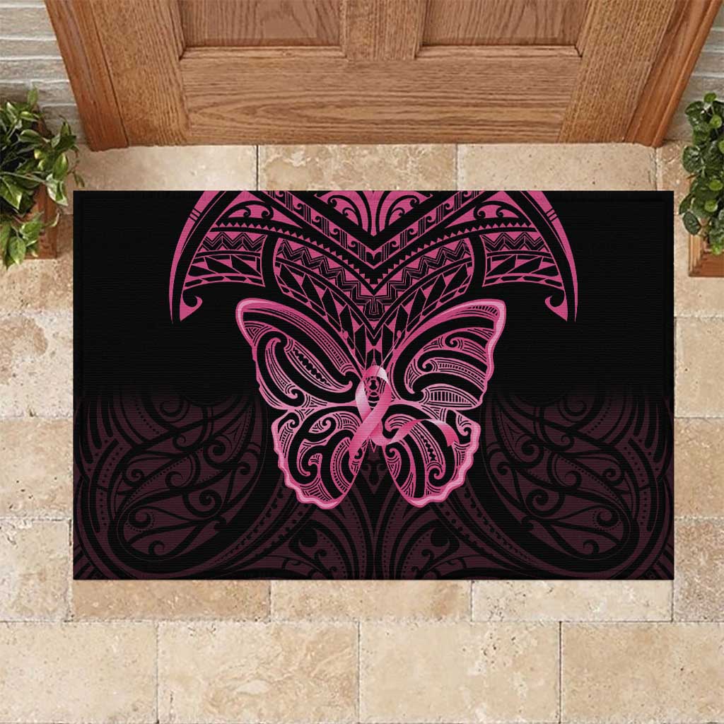 New Zealand Breast Cancer Awareness Rubber Doormat Maori Butterfly Pink Ribbon Black Version LT14 Black - Polynesian Pride