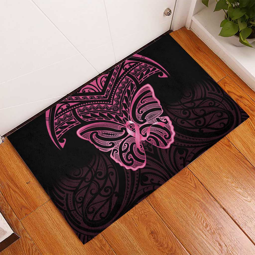 New Zealand Breast Cancer Awareness Rubber Doormat Maori Butterfly Pink Ribbon Black Version LT14 - Polynesian Pride