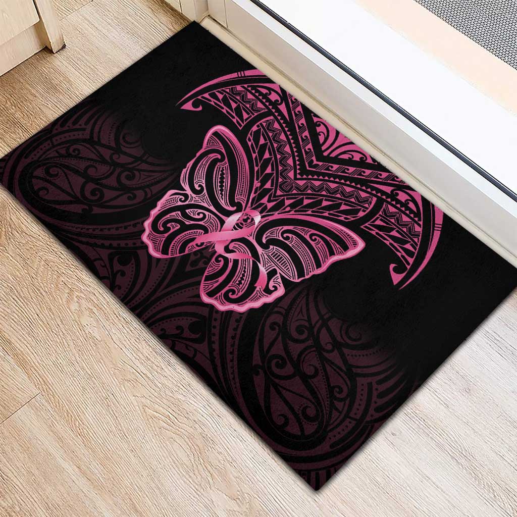 New Zealand Breast Cancer Awareness Rubber Doormat Maori Butterfly Pink Ribbon Black Version LT14 - Polynesian Pride
