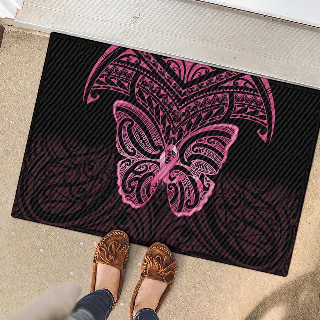 New Zealand Breast Cancer Awareness Rubber Doormat Maori Butterfly Pink Ribbon Black Version LT14 - Polynesian Pride