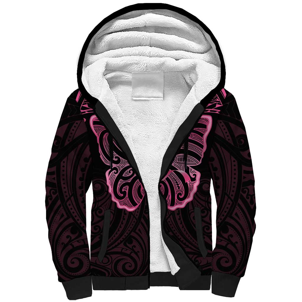 New Zealand Breast Cancer Awareness Sherpa Hoodie Maori Butterfly Pink Ribbon Black Version LT14 Unisex Black - Polynesian Pride
