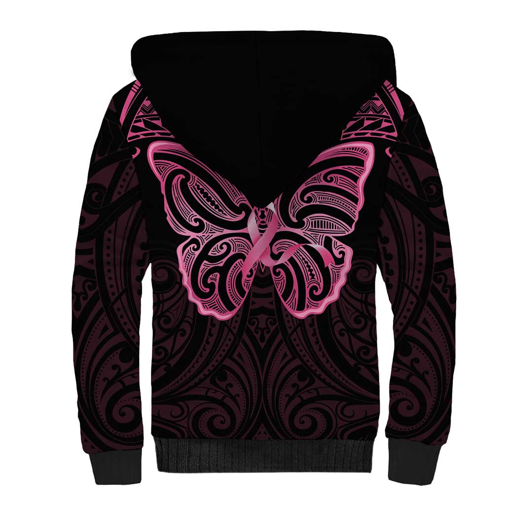 New Zealand Breast Cancer Awareness Sherpa Hoodie Maori Butterfly Pink Ribbon Black Version LT14 - Polynesian Pride