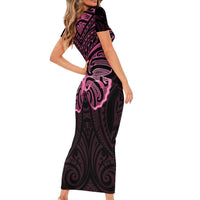 New Zealand Breast Cancer Awareness Short Sleeve Bodycon Dress Maori Butterfly Pink Ribbon Black Version LT14 - Polynesian Pride