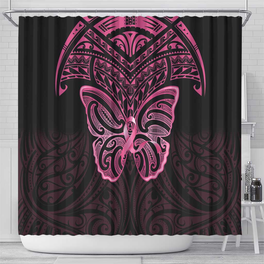 New Zealand Breast Cancer Awareness Shower Curtain Maori Butterfly Pink Ribbon Black Version LT14 - Polynesian Pride