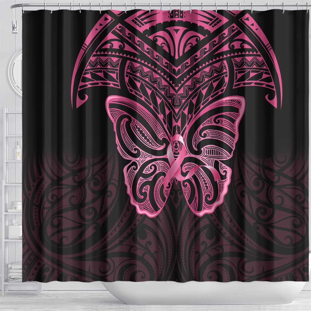 New Zealand Breast Cancer Awareness Shower Curtain Maori Butterfly Pink Ribbon Black Version LT14 - Polynesian Pride