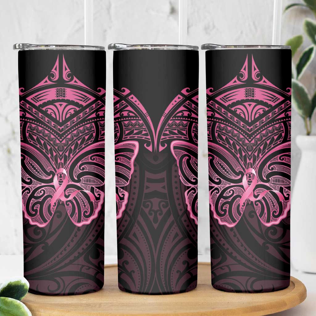 New Zealand Breast Cancer Awareness Skinny Tumbler Maori Butterfly Pink Ribbon Black Version LT14 - Polynesian Pride