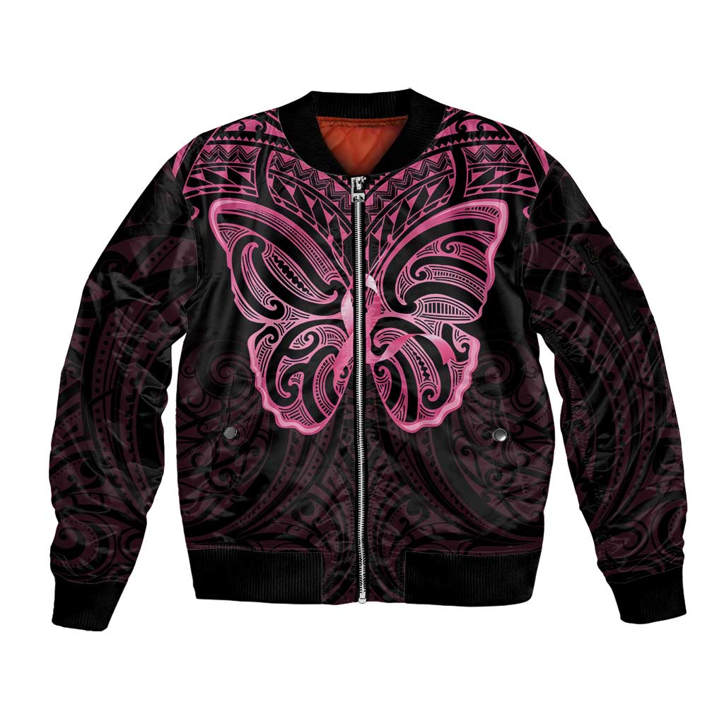 New Zealand Breast Cancer Awareness Sleeve Zip Bomber Jacket Maori Butterfly Pink Ribbon Black Version LT14 Unisex Black - Polynesian Pride