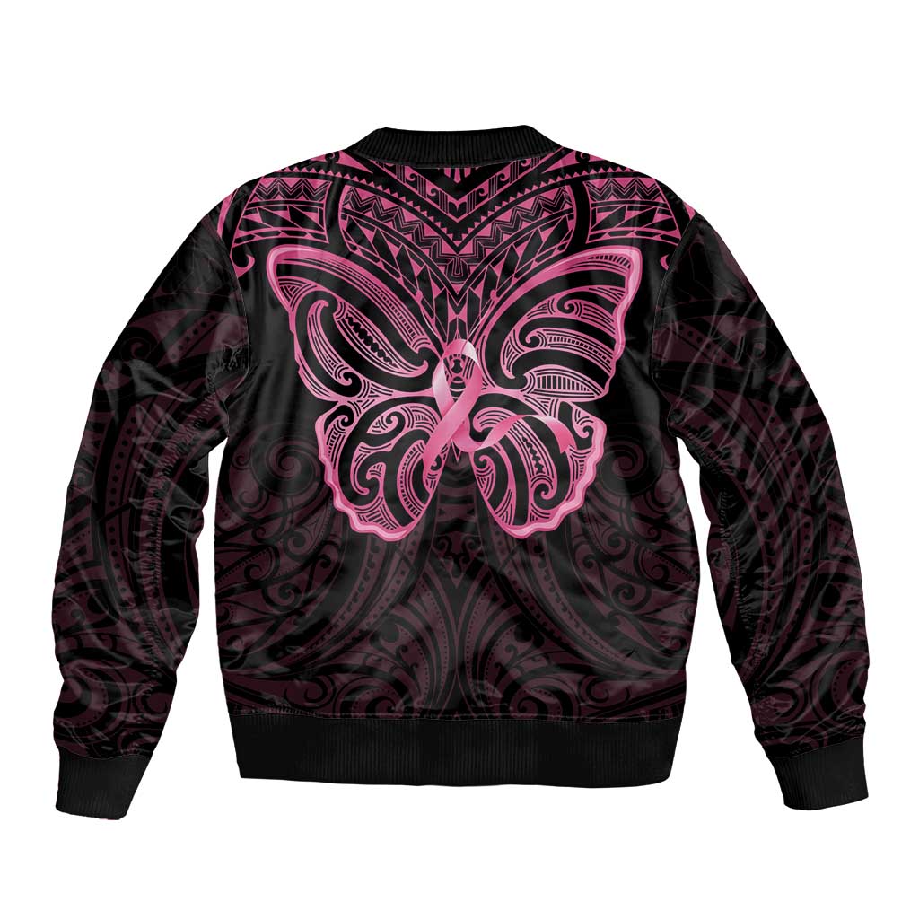 New Zealand Breast Cancer Awareness Sleeve Zip Bomber Jacket Maori Butterfly Pink Ribbon Black Version LT14 - Polynesian Pride