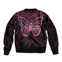 New Zealand Breast Cancer Awareness Sleeve Zip Bomber Jacket Maori Butterfly Pink Ribbon Black Version LT14 - Polynesian Pride