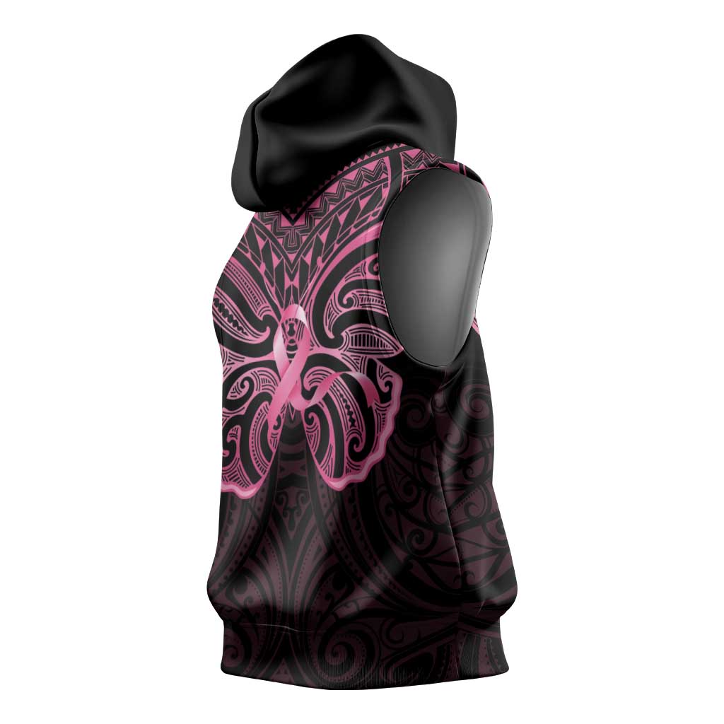 New Zealand Breast Cancer Awareness Sleeveless Hoodie Maori Butterfly Pink Ribbon Black Version LT14 - Polynesian Pride