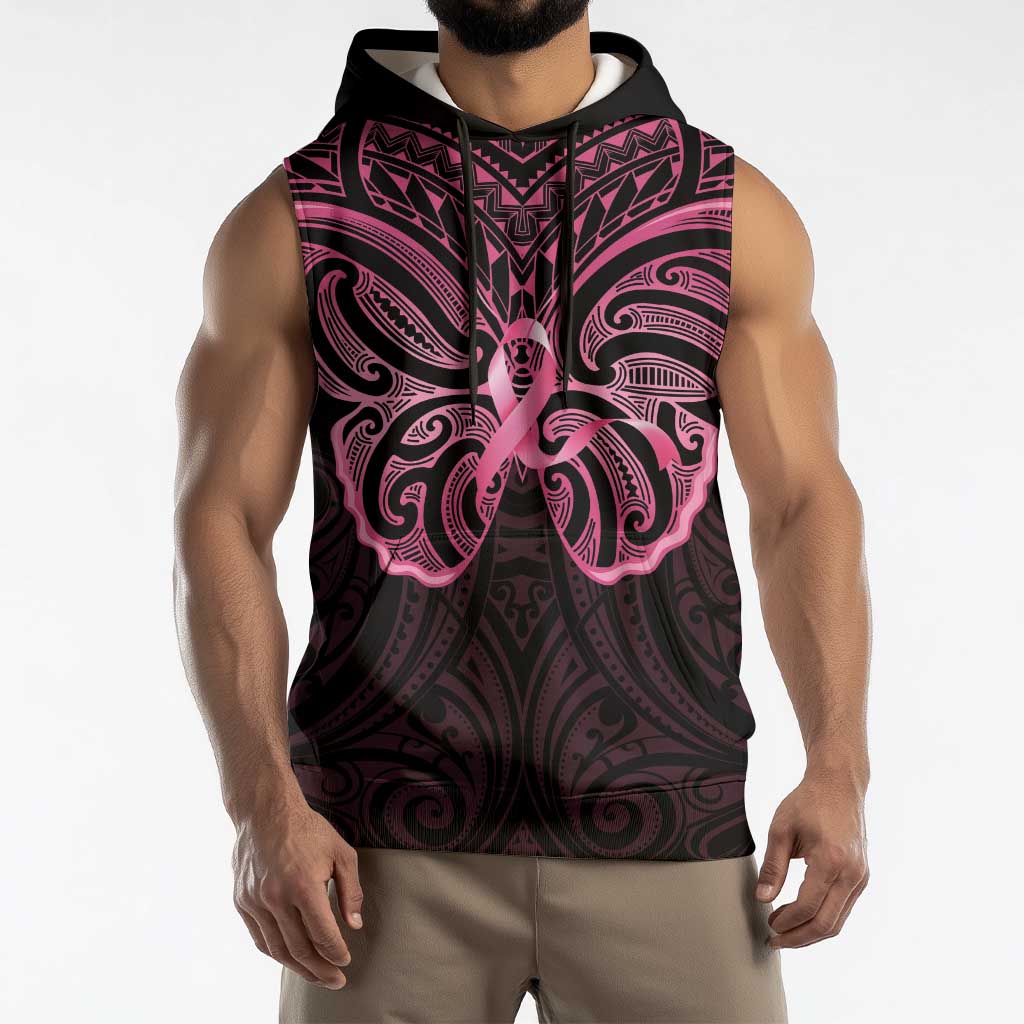 New Zealand Breast Cancer Awareness Sleeveless Hoodie Maori Butterfly Pink Ribbon Black Version LT14 - Polynesian Pride