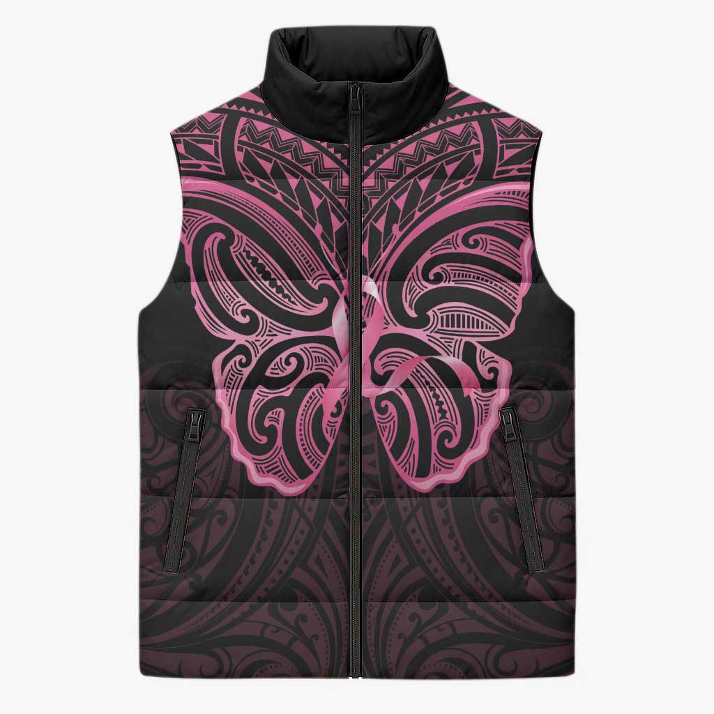 New Zealand Breast Cancer Awareness Sleeveless Puffer Jacket Maori Butterfly Pink Ribbon Black Version LT14 Unisex Black - Polynesian Pride