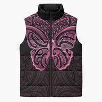 New Zealand Breast Cancer Awareness Sleeveless Puffer Jacket Maori Butterfly Pink Ribbon Black Version LT14 Unisex Black - Polynesian Pride