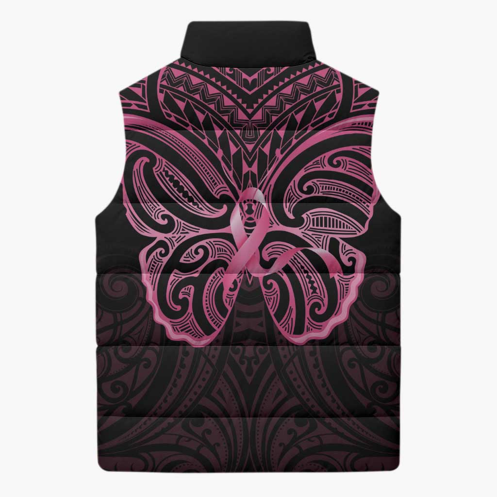 New Zealand Breast Cancer Awareness Sleeveless Puffer Jacket Maori Butterfly Pink Ribbon Black Version LT14 - Polynesian Pride