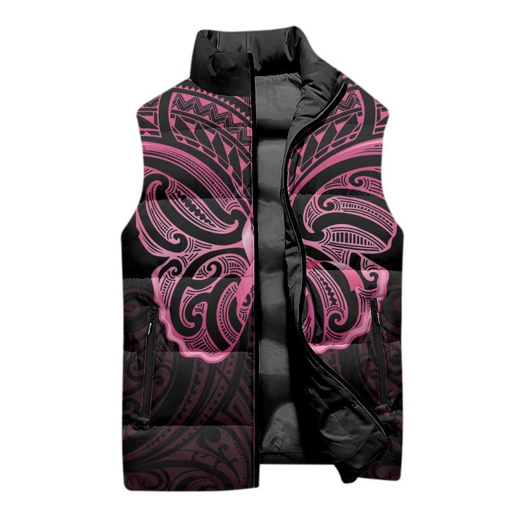 New Zealand Breast Cancer Awareness Sleeveless Puffer Jacket Maori Butterfly Pink Ribbon Black Version LT14 - Polynesian Pride