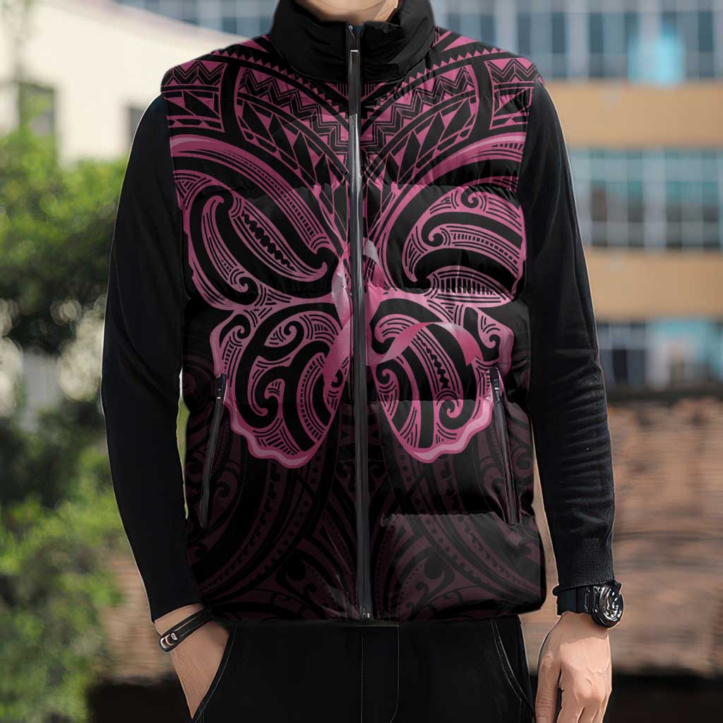 New Zealand Breast Cancer Awareness Sleeveless Puffer Jacket Maori Butterfly Pink Ribbon Black Version LT14 - Polynesian Pride