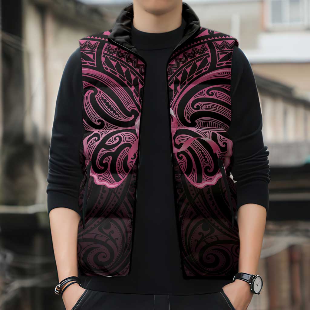 New Zealand Breast Cancer Awareness Sleeveless Puffer Jacket Maori Butterfly Pink Ribbon Black Version LT14 - Polynesian Pride