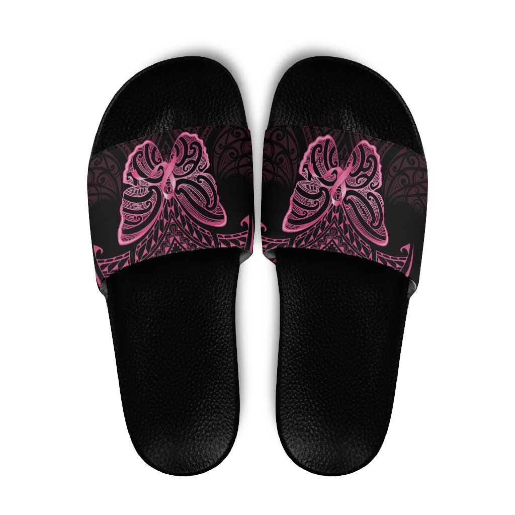 New Zealand Breast Cancer Awareness Slide Sandals Maori Butterfly Pink Ribbon Black Version LT14 Black - Polynesian Pride
