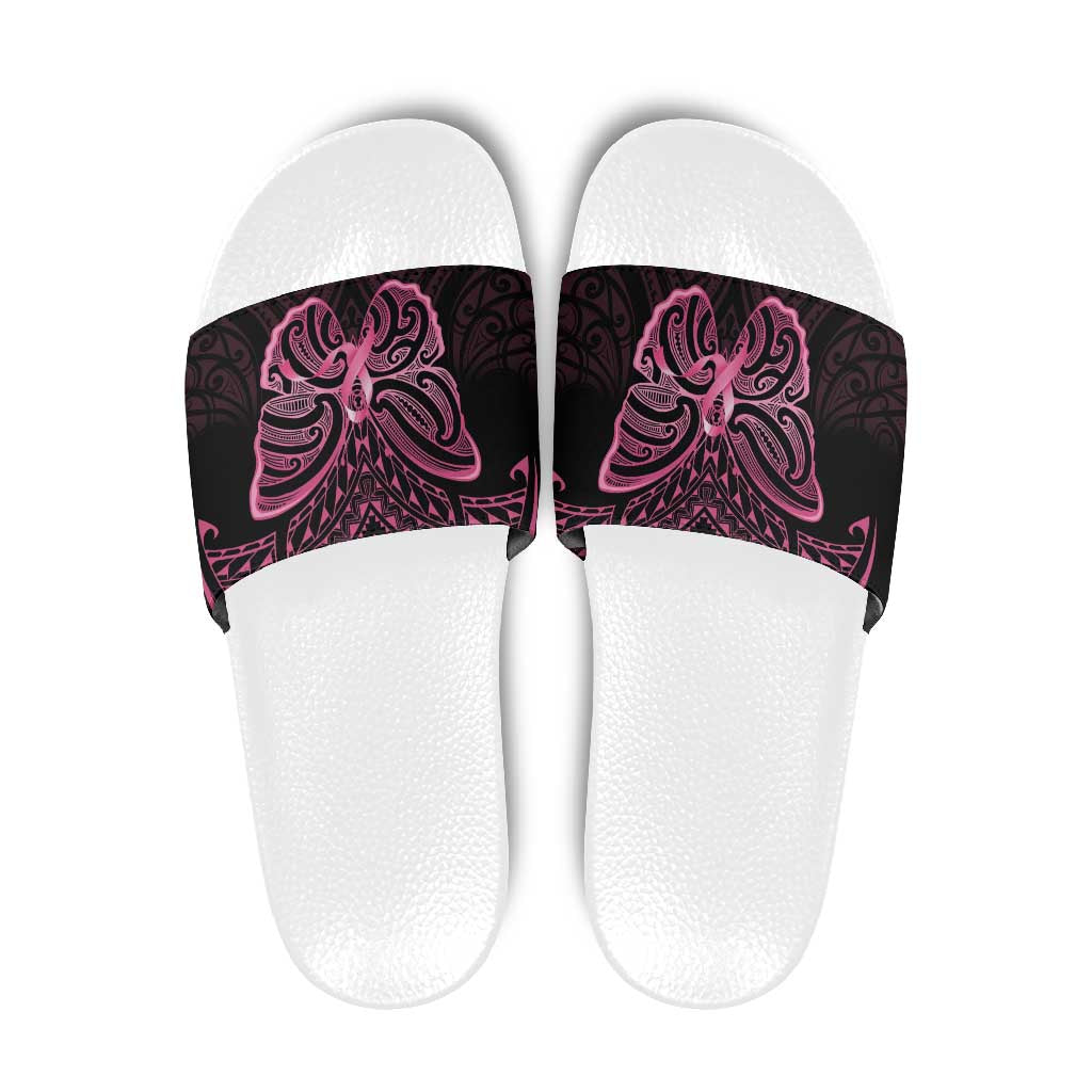 New Zealand Breast Cancer Awareness Slide Sandals Maori Butterfly Pink Ribbon Black Version LT14 Black - Polynesian Pride