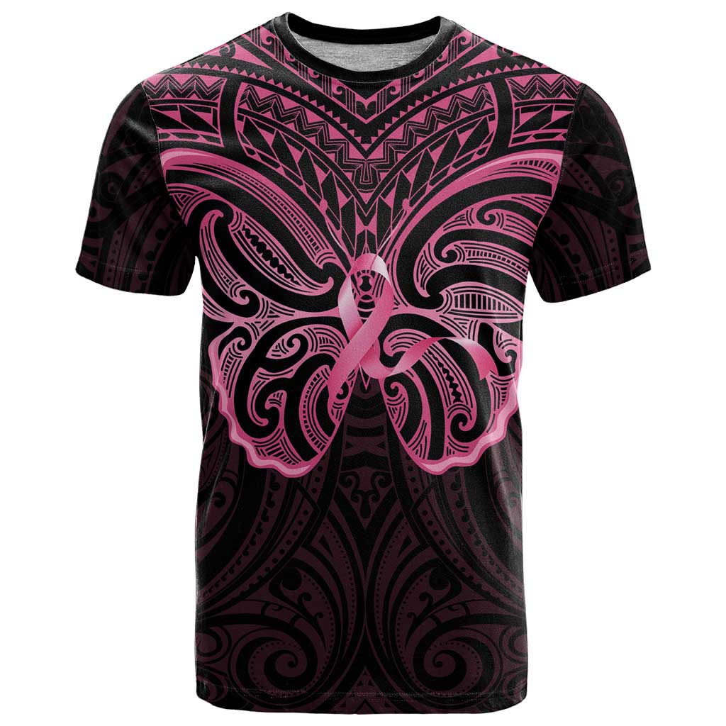 New Zealand Breast Cancer Awareness T Shirt Maori Butterfly Pink Ribbon Black Version LT14 Black - Polynesian Pride