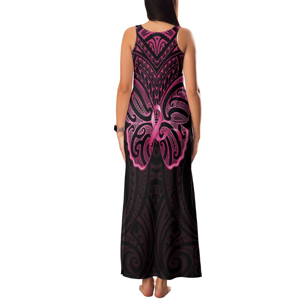 New Zealand Breast Cancer Awareness Tank Maxi Dress Maori Butterfly Pink Ribbon Black Version LT14 - Polynesian Pride