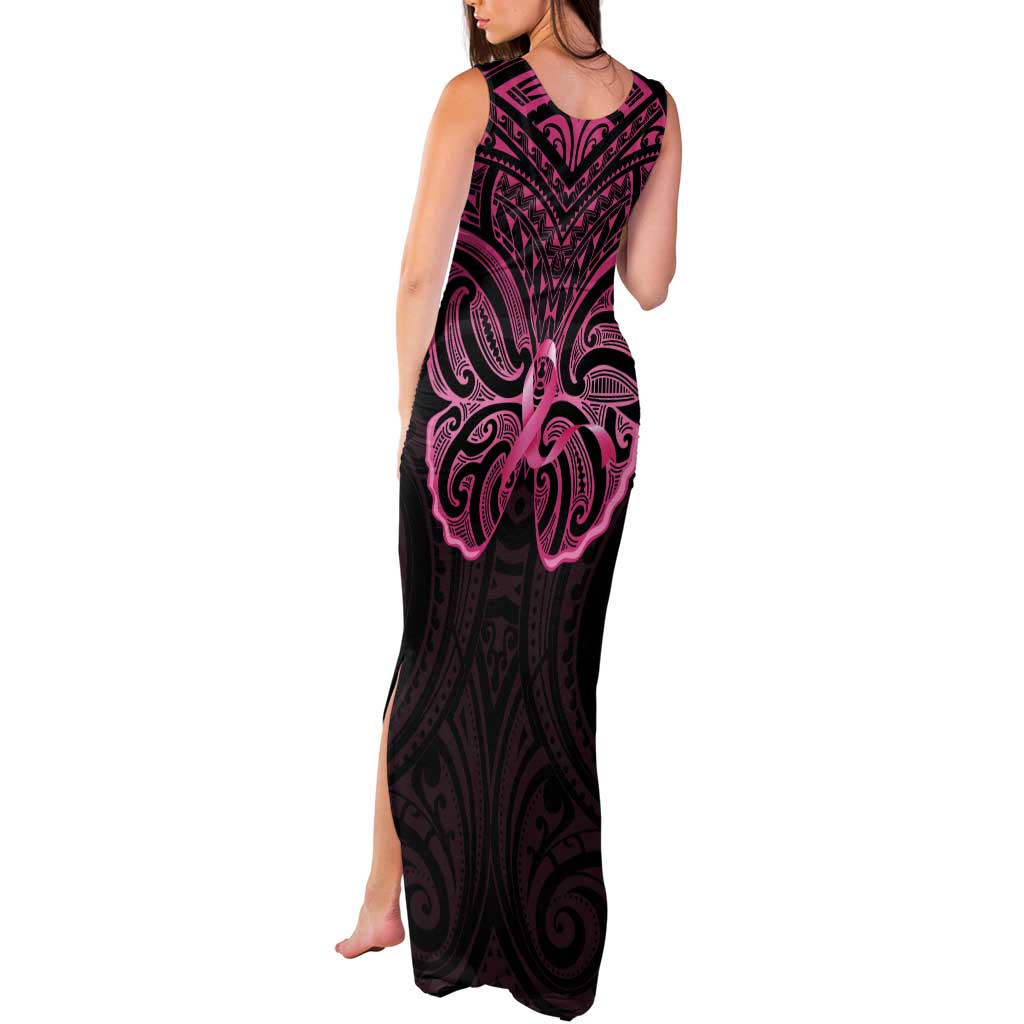 New Zealand Breast Cancer Awareness Tank Maxi Dress Maori Butterfly Pink Ribbon Black Version LT14 - Polynesian Pride