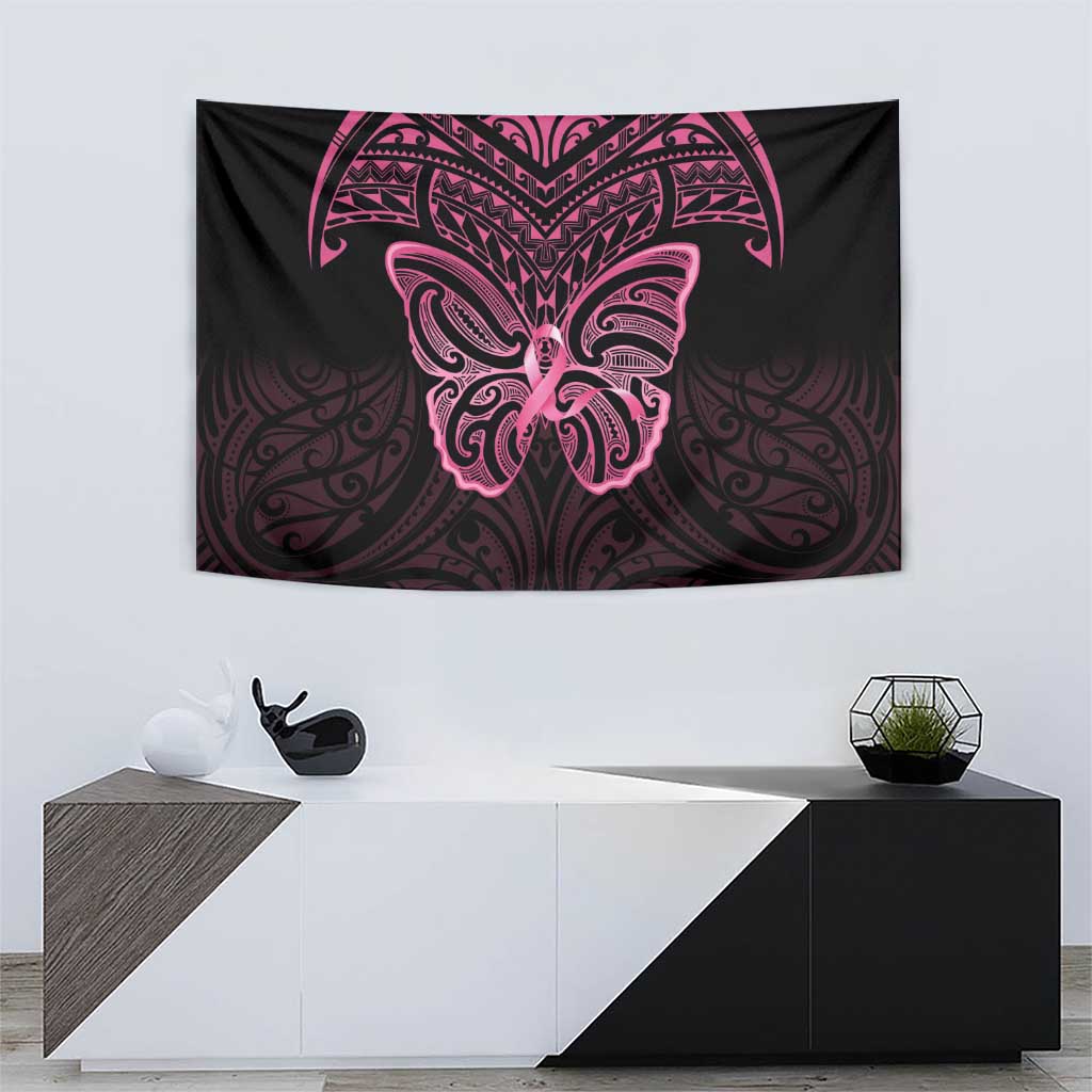 New Zealand Breast Cancer Awareness Tapestry Maori Butterfly Pink Ribbon Black Version LT14 - Polynesian Pride