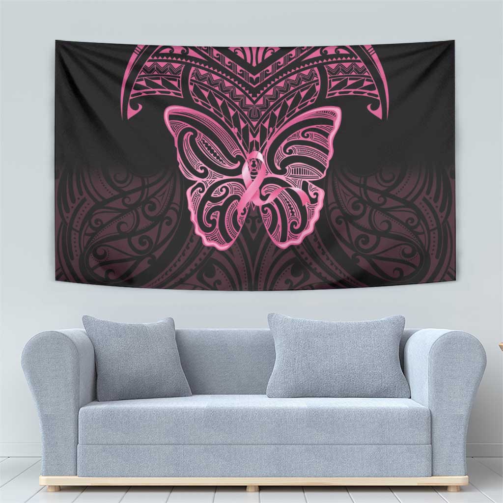 New Zealand Breast Cancer Awareness Tapestry Maori Butterfly Pink Ribbon Black Version LT14 - Polynesian Pride