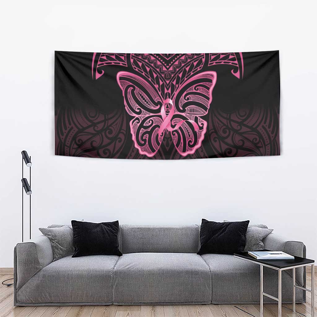 New Zealand Breast Cancer Awareness Tapestry Maori Butterfly Pink Ribbon Black Version LT14 - Polynesian Pride