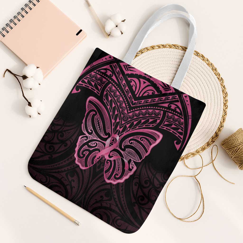 New Zealand Breast Cancer Awareness Tote Bag Maori Butterfly Pink Ribbon Black Version LT14 White Strap One Size Black - Polynesian Pride